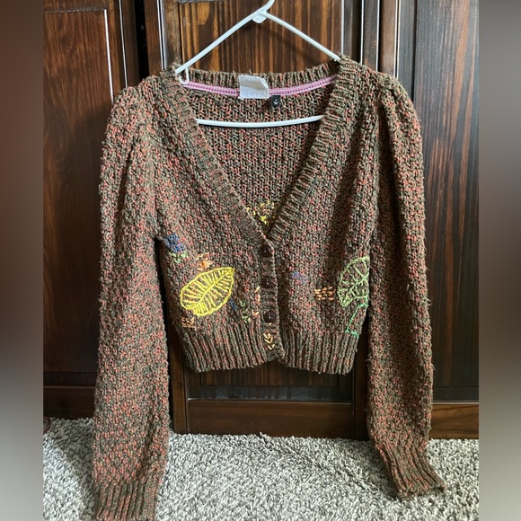 Anthropologie Sweaters - Anthropologie Brown Cropped V-Neck Sweater with Yellow & Green Leaf Embroidery
